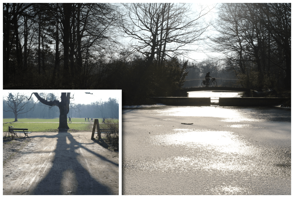 Winterliches Bildkompositum von zwei Bildern vom Großen Garten in Dresden in Winterstimmung.