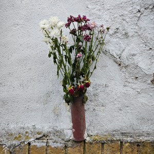 An einer weißen, etwas heruntergekommenen Hauswand ist eine schmale Vase angebracht. Darin stehen schon leicht vertrocknete Blumen in rot und weiß.