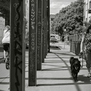 Die mit zahlreichen Schriftzügen beschmierten Stahlpfeiler einer Brücke trennen Fahrbahn von Gehweg. Auf der linken Fahrbahn fährt ein Radfahrer; auf dem rechten Gehweg läuft ein schwarzer Hund mit seinem Frauchen.