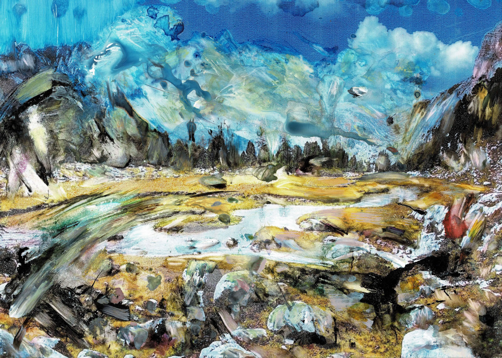Painting of impressionistic art, using blue, yellow and brown colours to create a landscape with mountains, wood, stone and clouds.